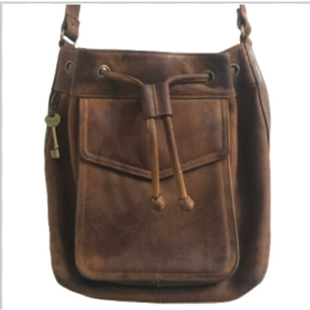 Fossil Y2k Leather Drawstring Bucket Crossbody Bag - image 1